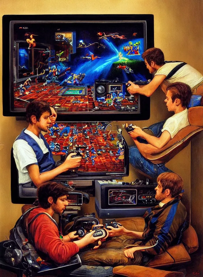 Image similar to Portrait of men playing video games on CRT television using Atari joysticks. Painting by Robert Edward Hughes. Intricate details. hyper realism. Masterpiece.