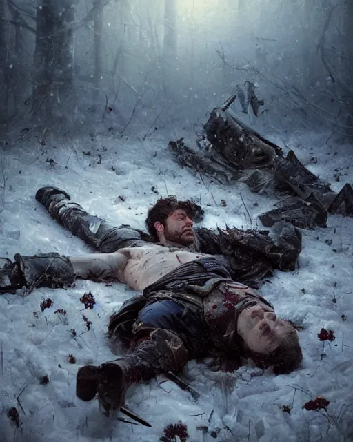 Image similar to Highly realistic oil painting of a wounded knight lying in the snow and surrounded by blue flowers, blood on flowers, by greg rutkowski, highly detailed, cinematic lighting, moody, dark