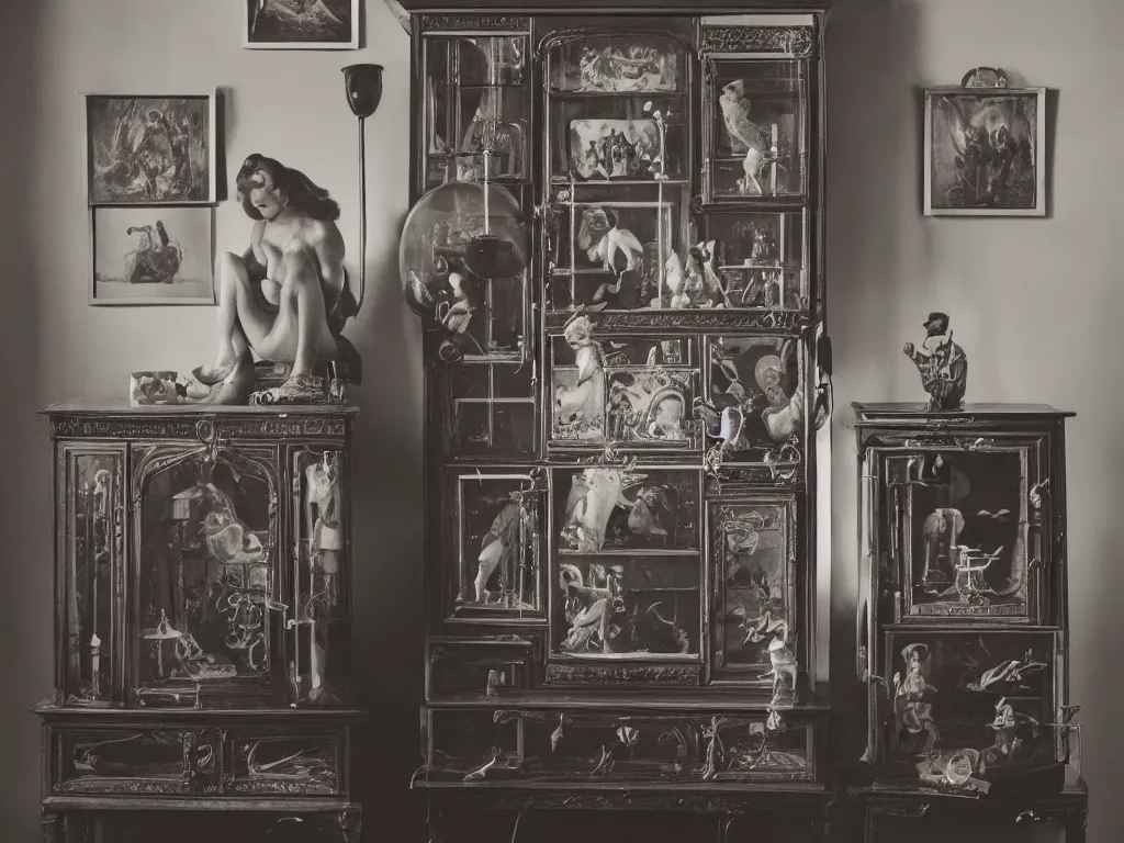 Image similar to old photography of pikachu in a victorian cabinet decor, man ray, alfred ghisoland, gregory crewdson, miss aniela, erwin olaf, 4 k