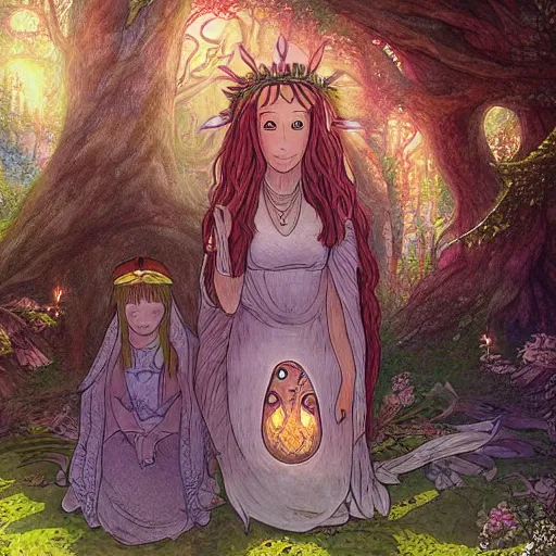 Image similar to “portrait of the goddess of love and her daughter making a ritual sacrifice in a magical forest, ghibli, detailed, sharp focus, digital art, detailed face”