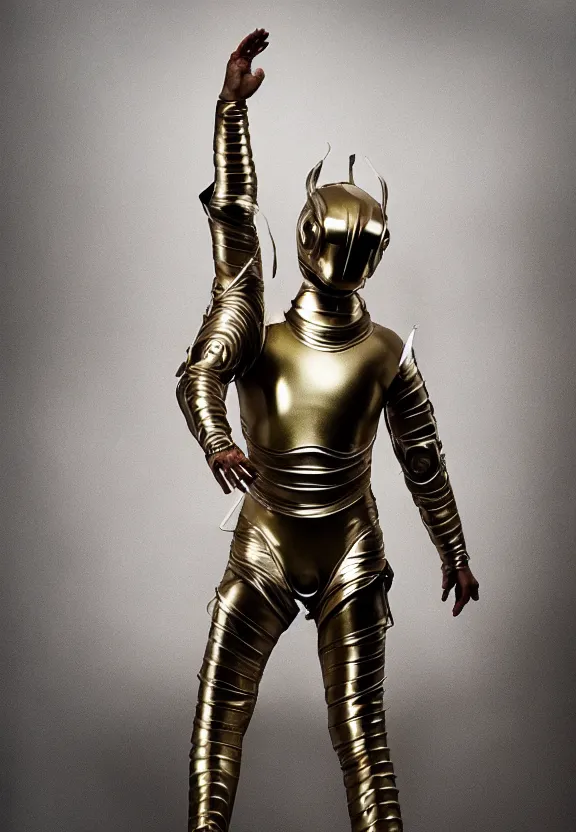 Image similar to thousand hand guanyin dance, metallic armor suit, standing upwards, apocalyptic, hyper realistic, shot on film, full body portrait