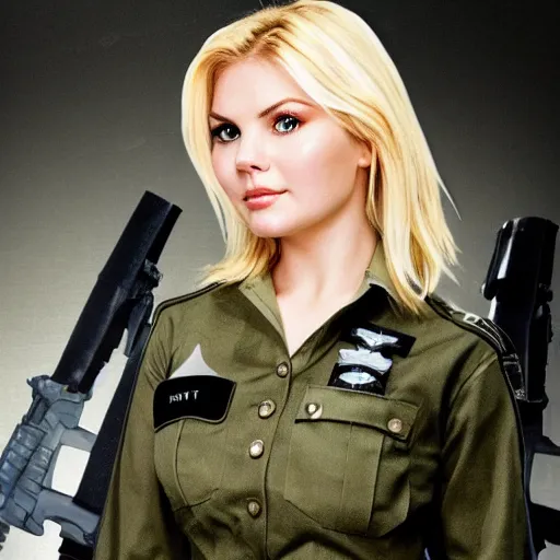 Image similar to elisha cuthbert as a soldier in a scifi battlefield