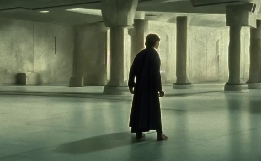 Image similar to screenshot of master Luke Skywalker alone in a a Jedi Temple, objects floating around him, iconic scene from the 1970s thriller directed by Stanely Kubrick film, color kodak, ektochrome, anamorphic lenses, detailed faces, moody cinematography