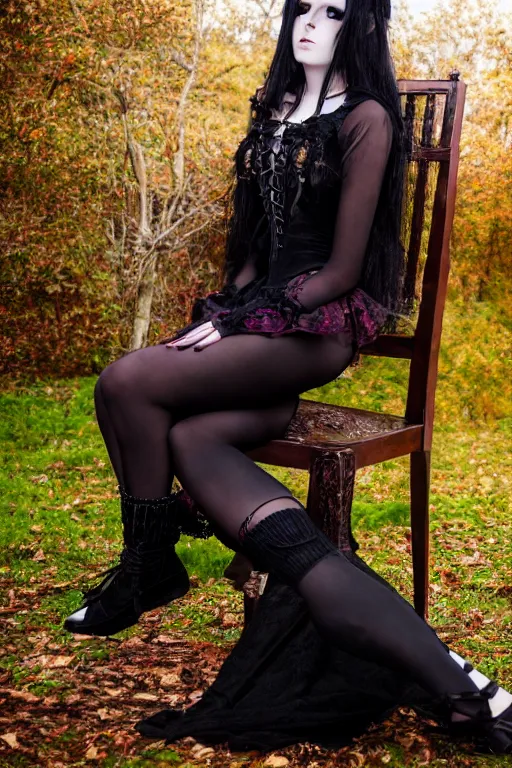 Image similar to full - length photo, young woman, sitting on chair, gothic clothes, 4 k, colourful