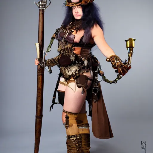 Image similar to full shot photo of a female steampunk amazon warrior