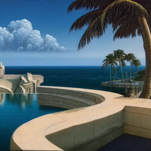 Prompt: David Ligare masterpiece, hyperrealistic surrealism, award winning masterpiece with incredible details, epic stunning, infinity pool, a surreal vaporwave liminal space, highly detailed, trending on ArtStation, broken giant marble head statue ruins, calming, meditative, pink arches, flowing silk sheets, geometric liminal space, palm trees, very vaporwave, very very surreal, sharp details, artgerm and greg rutkowski and alphonse mucha, daily deviation, IAMAG