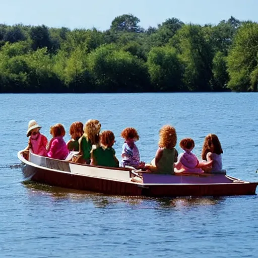 Prompt: The installation art depicts a group of well-dressed women and children enjoying a leisurely boat ride on a calm day. The women are chatting and laughing while the children play with a toy boat in the foreground. hunter green, cardinal by Moebius angular