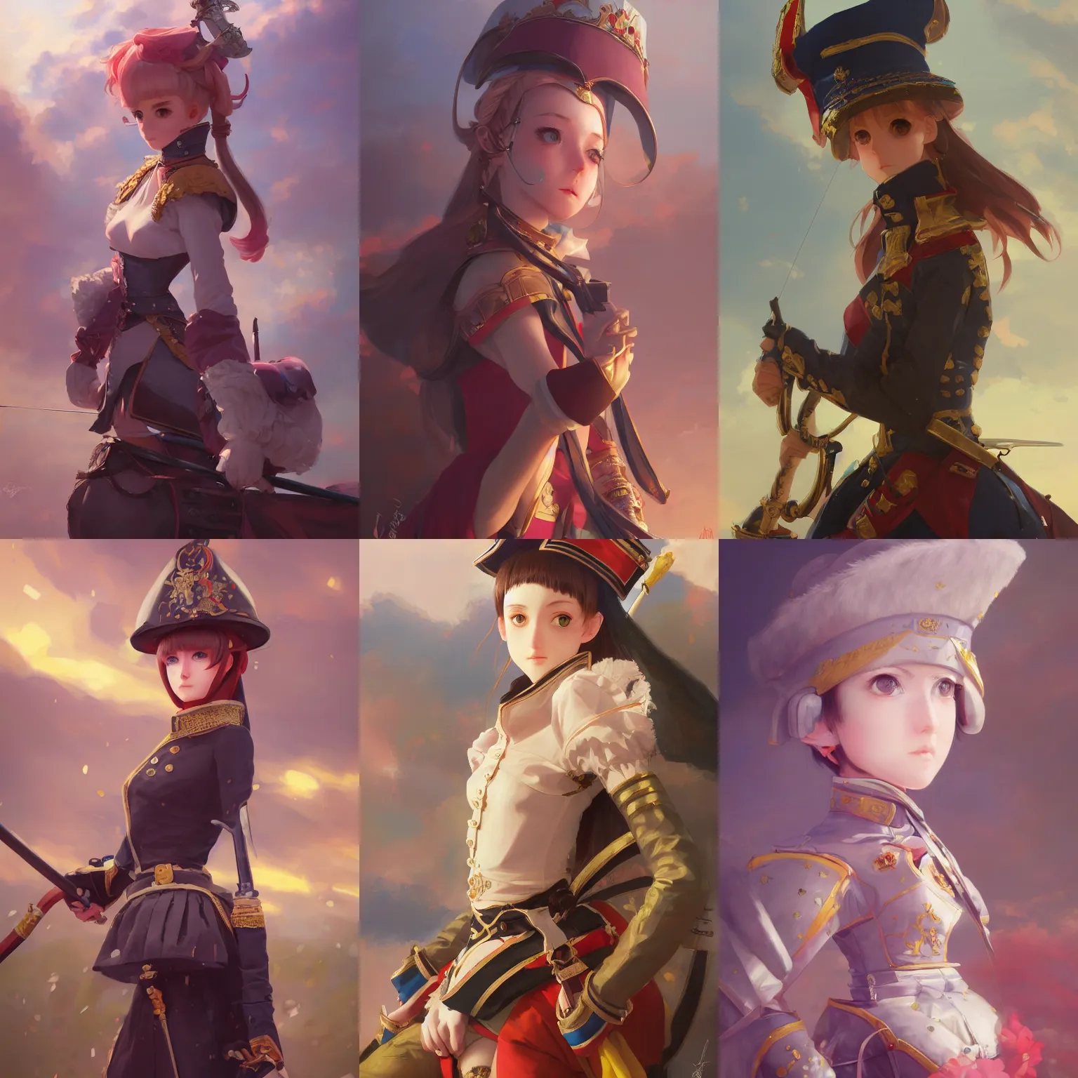 Prompt: a portrait of a cute female napoleonic dragoon, parade setting, vivid colors, soft lighting, atmospheric, cinematic, moody, in the style of ilya kuvshinov and range murata, krenz cushart, rule of thirds, oil on canvas, 8 k