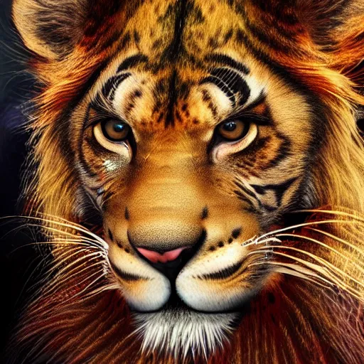 Prompt: mix of lion and tiger and puma and jaguar attacking, 8 k ultra realistic animal, detailed intricate fur, flame in the fur, full of colour, cinematic lighting, battered, trending on artstation, 4 k, hyperrealistic, focused, extreme details, unreal engine 5, cinematic, masterpiece, art by ayami kojima