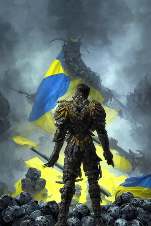 Image similar to a distant shot from behind of a Ukrainian super soldier with blue and yellow flag behind him standing alone on a huge pile of skulls as a winner, masculine muscular figure, D&D, fantasy, intricate, elegant, highly detailed, extremely detailed, digital painting, artstation, concept art, matte, sharp focus, illustration, art by Artgerm and Greg Rutkowski and Alphonse Mucha