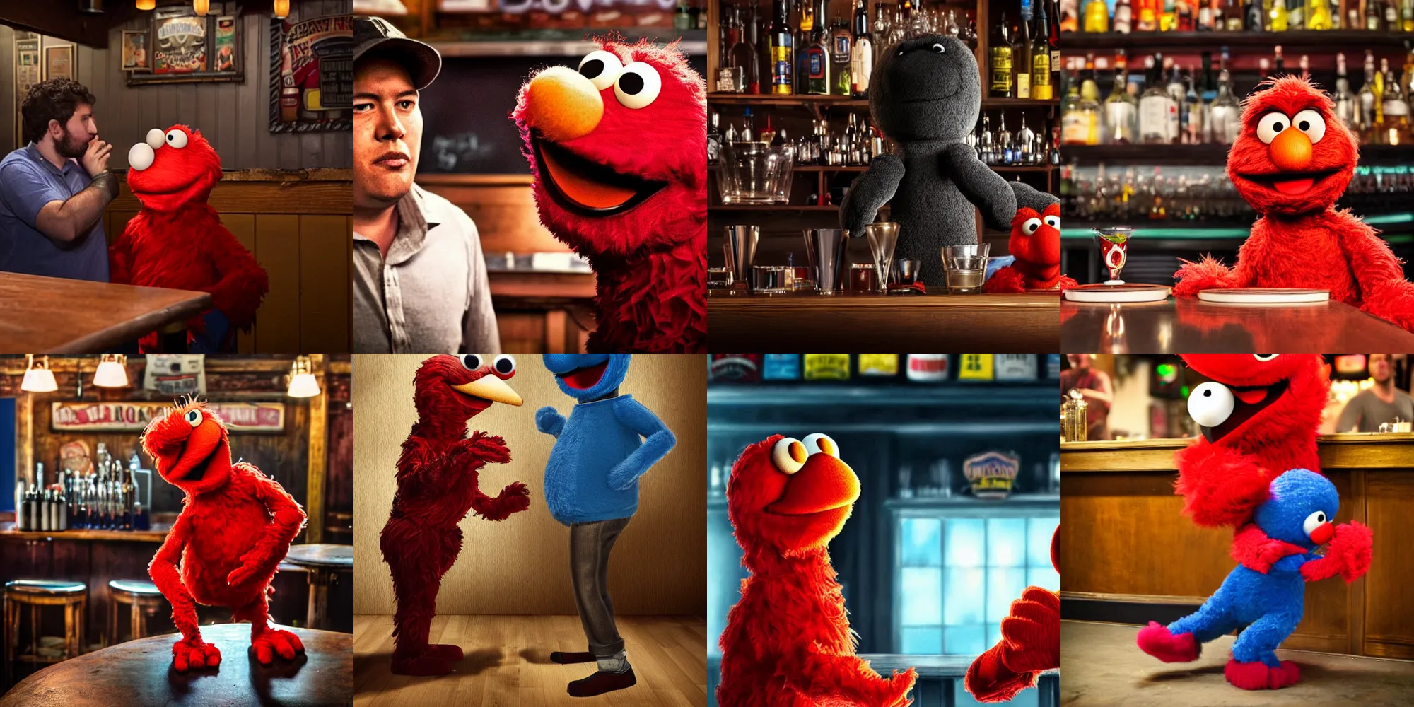 Prompt: Award winning photo of Elmo an Grover in a bar fight, high res, gloomy