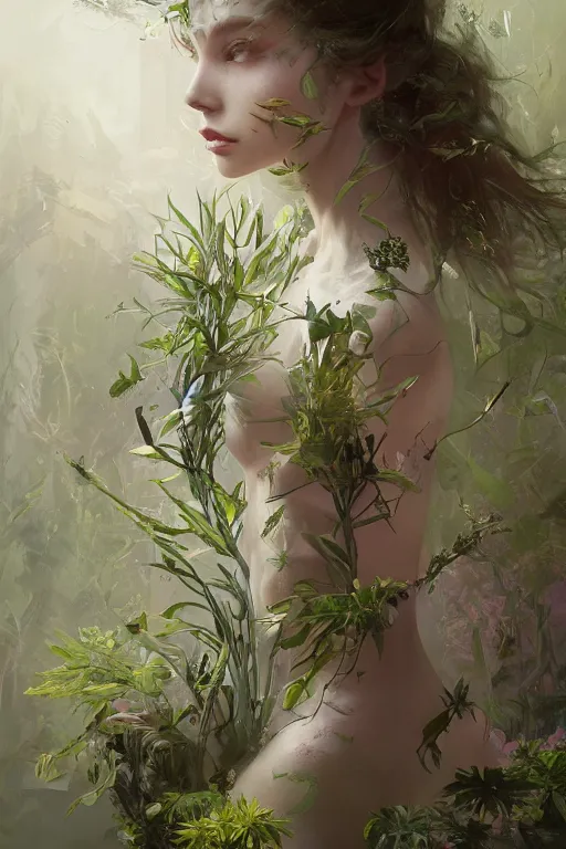 Prompt: detailed 2d illustration, trending on artstation, unique, elegant, beautiful, a woman with clothing made of plants, uses her magic to create new life, by Ruan Jia, 4K