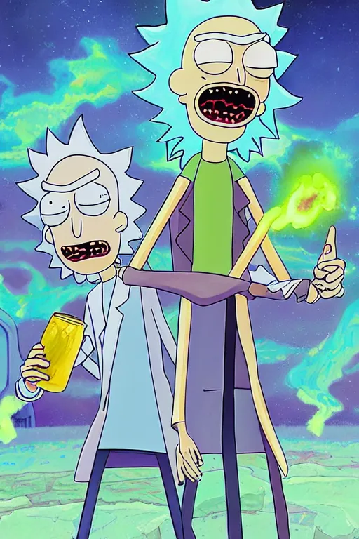 Image similar to beautiful clean acrylic painting of rick and morty, concept art by andy park, detailed, stunning, realistic