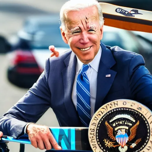 Prompt: photo of joe biden riding a skateboard, hd