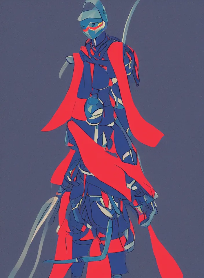 Image similar to sfumato renaissance digital painting of a ninja shaman, modern minimal isei miyake outfit, in the style of syd mead, jeremy cowart, concept art in the style of megaman x zero