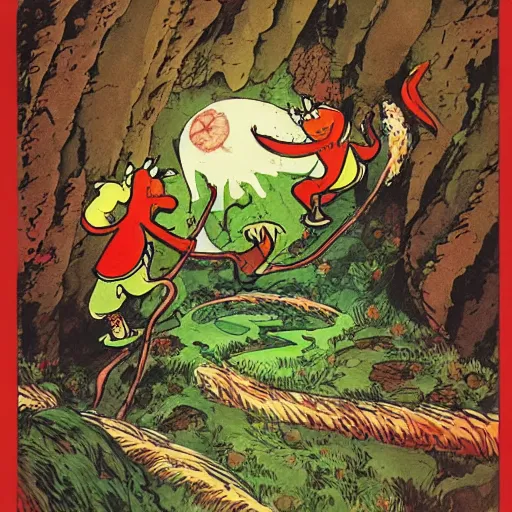 Prompt: Professional art, a stunning illustration of red goblins carrying a prisoner to a cave on a mountainside illustrated by Dr Suess and Takashi Murakami