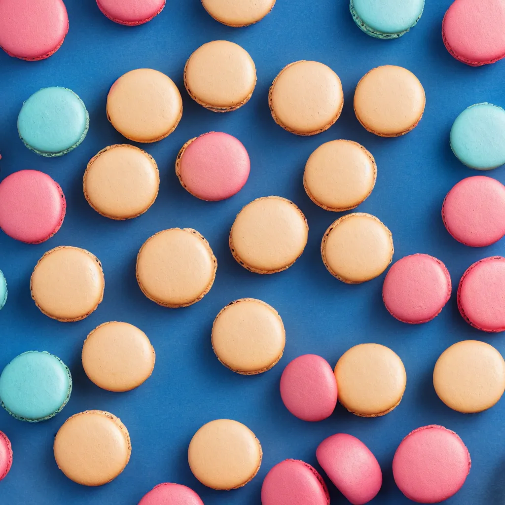 Image similar to top-down view of macarons on top of a blue surface, 8k, high detail, photorealistic, proper shading