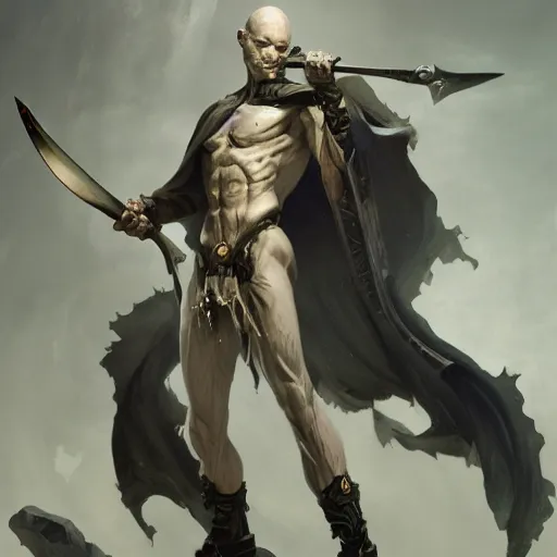 Image similar to wide shot, fantasy painting of a pale man with a black blade covered in runes, painted by Bayard Wu, ultra detailed, 8k, perfect