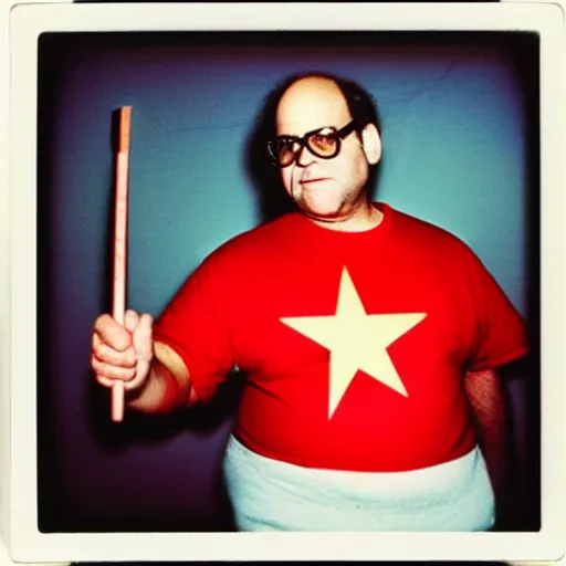 Prompt: polaroid george costanza wearing a hammer and sickle graphic tee, 1 9 9 0 s, colored, by nan goldin