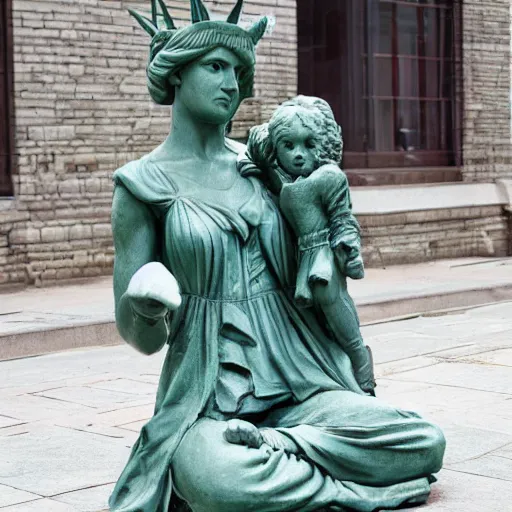 Image similar to liberty statue sitdown pose, very convincing