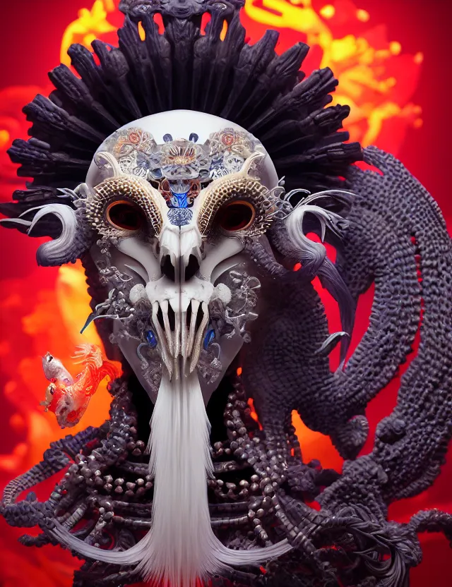 Image similar to 3 d goddess of hell close - up profile portrait with ram skull. beautiful intricately detailed japanese crow kitsune mask and clasical japanese kimono. betta fish, jellyfish phoenix, bio luminescent, plasma, ice, water, wind, creature, artwork by tooth wu and wlop and beeple and greg rutkowski