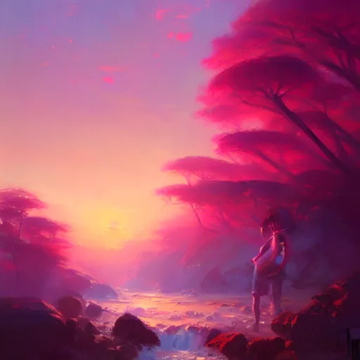Image similar to an oil painting of the joys of the morning, pink hues, amazing landscape, warm modern by Artstation, by CGSociety, by Ross Tran