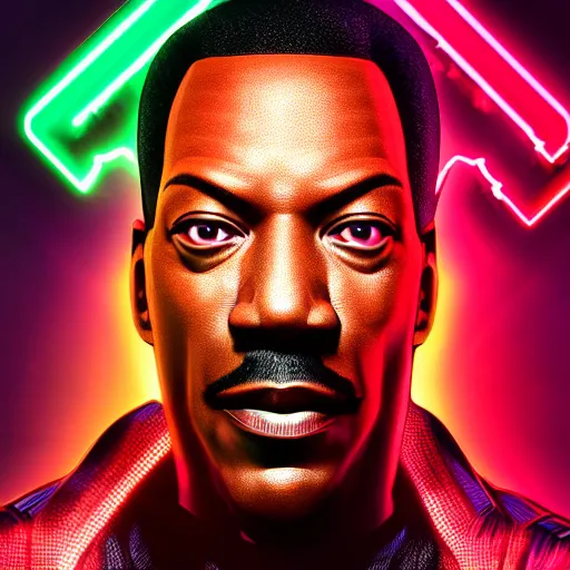 Image similar to eddie murphy portrait, Cyberpunk 2077, cyberpsycho, photorealistic, ultra detailed, neon, octane, bokeh, cyber, cyberpunk city, feature, scars, cyberface, 8k