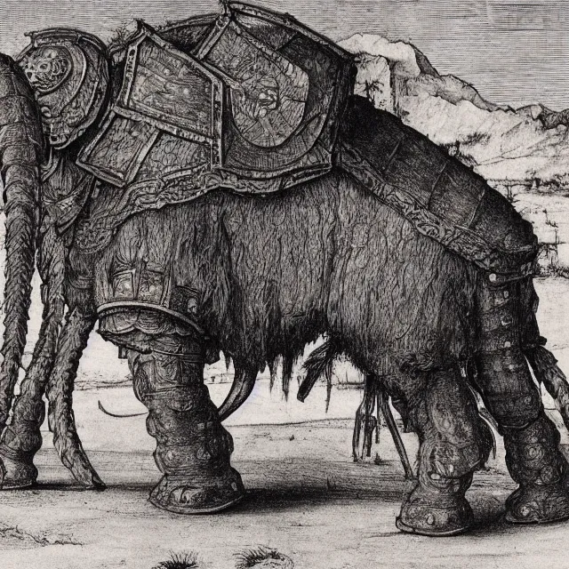 Image similar to a detailed, intricate drawing of a heavily armored mammoth on a beach, by albrecht durer