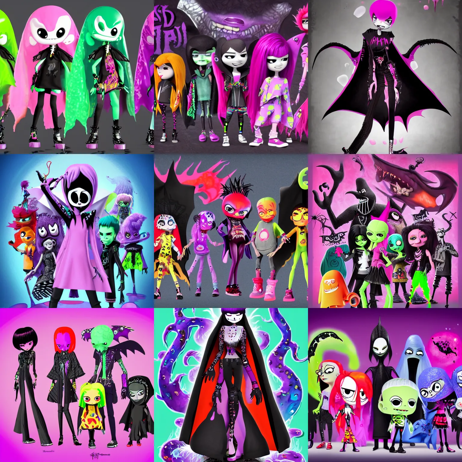 Prompt: CGI hot topic store lisa frank gothic emo punk vampiric rockstar vampire squid with transparent skin conceptual character designs of various shapes and sizes by genndy tartakovsky and splatoon by nintendo for the new hotel transylvania film starring a vampire squid cthulu kraken monster rockstar wearing a bat shaped poncho cape with platform shoes