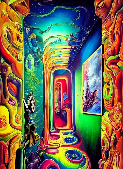 Image similar to an extremely high quality hd surrealism painting of a 3d galactic neon complimentary-colored cartoony surrealism melting optically illusiony hallway by kandsky and salviadoor dali the seventh, salvador dali's much much much much more talented painter cousin, 4k, ultra realistic, super realistic, so realistic that it changes your life