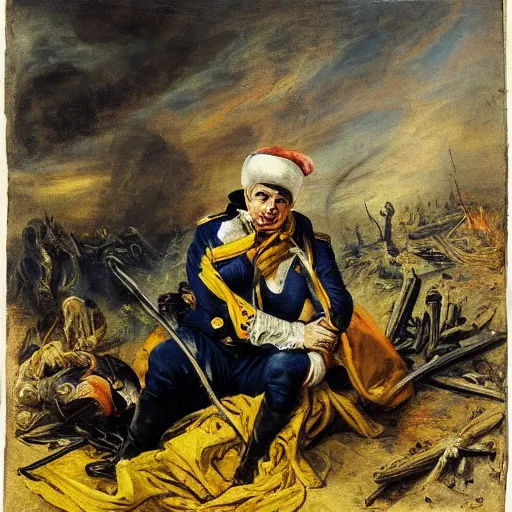 Image similar to Volodymyr Zelensky at war, dressed like Napoleon Bonaparte, sitting on the ground between dead corpses and weeping, holding a half burnt blue and yellow flag of Ukraine, in the style of Peter Paul Rubens