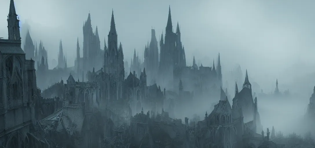 Image similar to view of an abandoned gothic city at day, castles, fog, cinematic lighting, ultra detailed, sharp, ambient occlusion, raytracing, by greg rutowski, paul chadeisson and jessica rossier