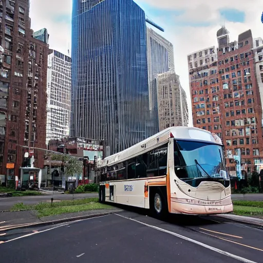 Image similar to photo of a giant bus, near new york bay