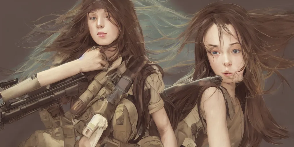 Image similar to soldier girl, anatomy, ground explosion, anime style, long hair, hair down, symmetrical facial features, under heavy fire, hyper realistic, pale skin, 4 k, rule of thirds, extreme detail, detailed drawing, trending artstation, hd, fantasy, d & d, realistic lighting, by alphonse mucha, greg rutkowski, sharp focus, backlit, soldier cloth