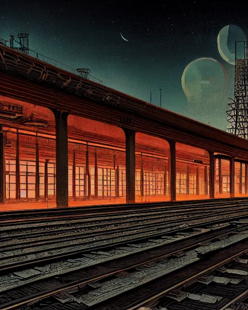 Image similar to a beautiful hyperdetailed illustration of industrial architecture railroad station abandoned by alvar aalto, cosmic at night thermal vision forest tokyo dramatic lighting, archdaily, wallpaper, highly detailed, trending on artstation.