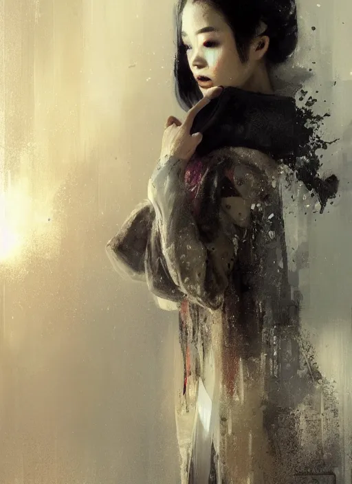 Prompt: female geisha girl, beautiful face, bladerunner, rule of thirds, intricate outfit, spotlight, by greg rutkowski, by jeremy mann, digital painting