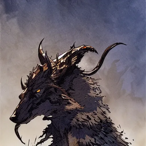 Image similar to king of the wolves. By Travis Charest, James Gurney, and Ashley Wood. dramatic lighting. Magic the gathering. digital painting.