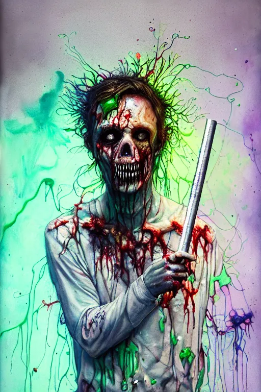 Prompt: zombie policeman with and goop and slime covering his skull posing with his baton by agnes cecile, brian froud, intricated details, 3 / 4 view, full body portrait, extremely luminous bright design, horror, pastel colours, toxic drips, autumn lights