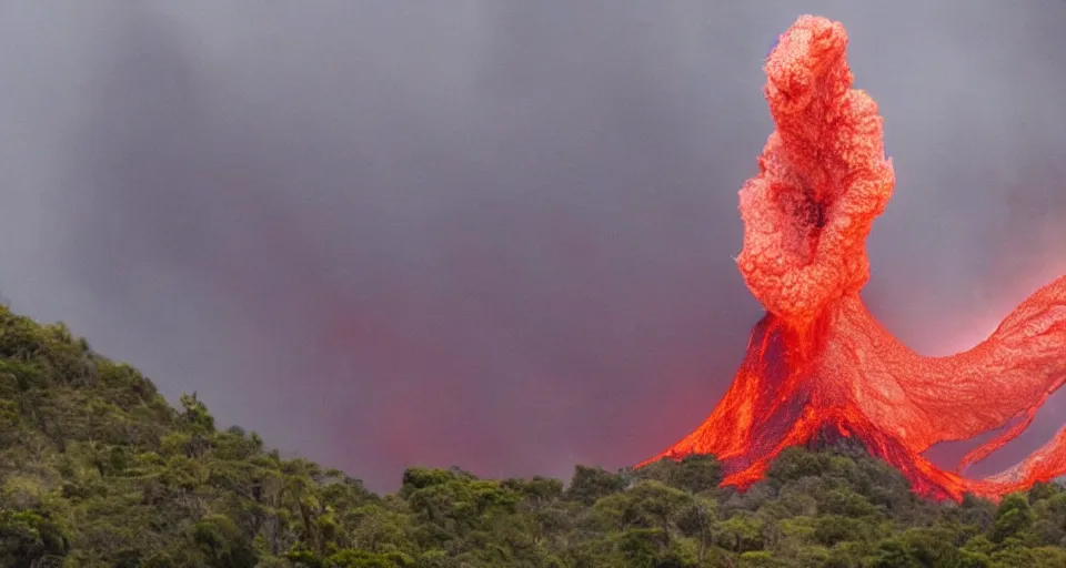 Image similar to a volcano made of ivory vines and crimson rocks enters in eruption, it spits a smoke in the shape of demonic eye, from Naruto