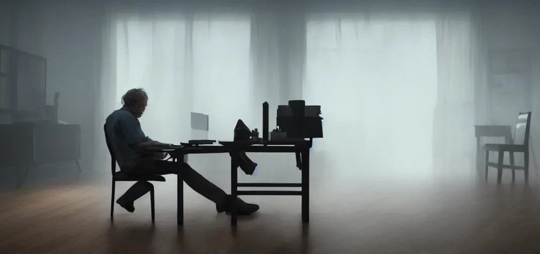 Prompt: an isolated man sitting at his computer in his bedroom, foggy, cinematic shot, photo still from movie by denis villeneuve, wayne barlowe