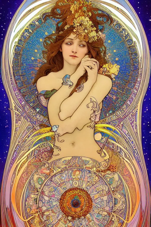 Image similar to beautiful goddess of space and dreams by alphonse mucha, mandala, coherent design, symmetrical, vivid colors, digital watercolor ink illustration painting, complementary color, golden ratio, detailed, sharp lines, sharp focus, intricate, rainbowshift, artgerm, gustave dore, maxfield parrish, octane render