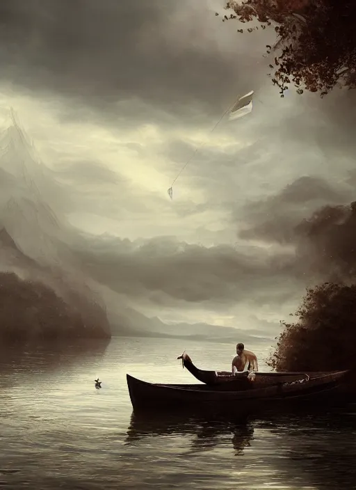 Image similar to man in a boat in a body of water, a detailed matte painting by richard mortensen, cgsociety, fantasy art, matte painting, concept art, made of mist