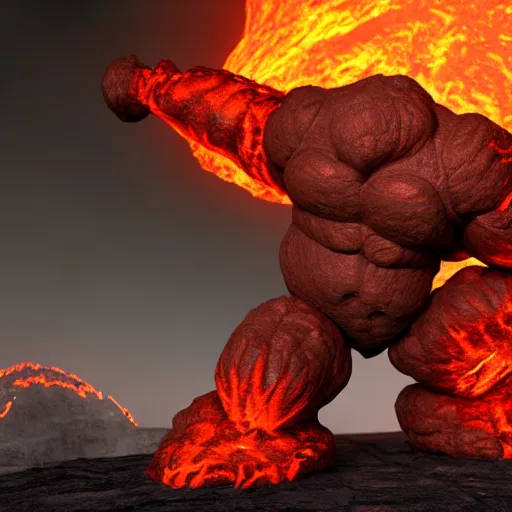 Image similar to a large, muscular, standing, humanoid, lava rock, magma, fire golem creature, burning eyes, exaggerated perspective, unreal engine, 3 5 mm pointing up