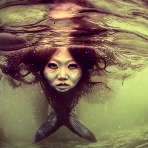 Image similar to beautiful scary japanese mermaid in emotional movement, underwater photography and light scattering, water refractions turned out impressive imho,