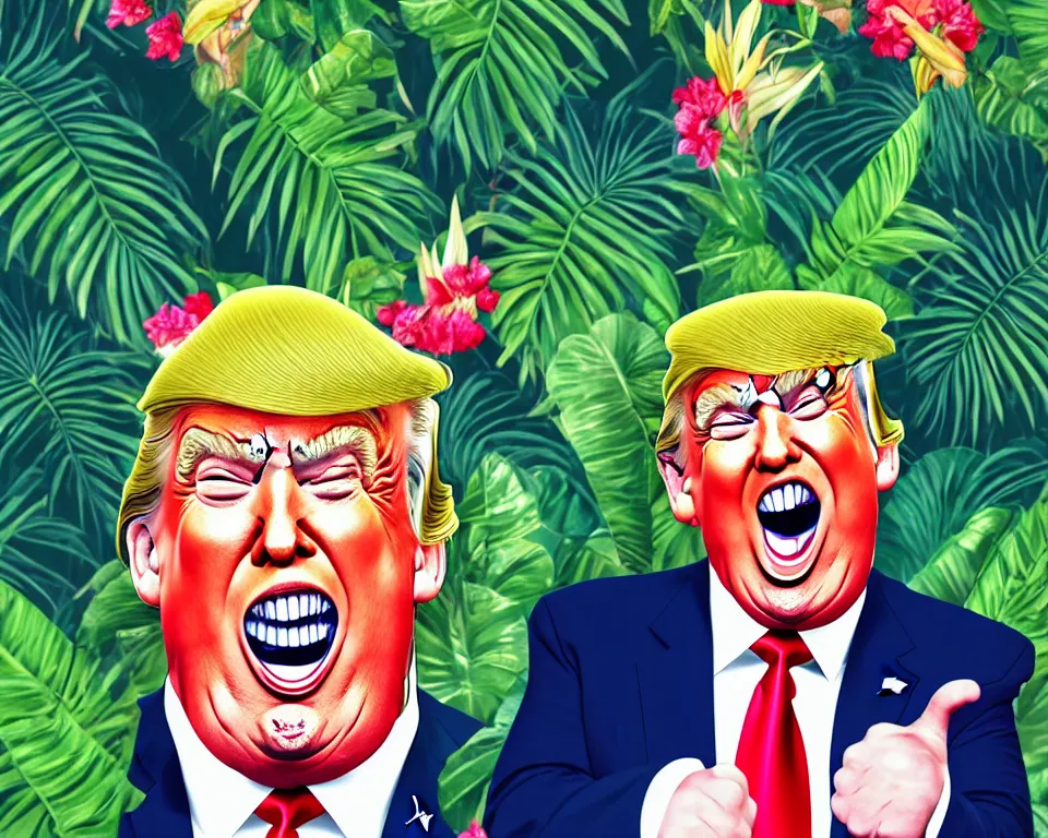 Prompt: trump laughing uncontrollably, romantic, enchanting, achingly beautiful, graphic print, trending on artstation, jungle, tropical, foliage.