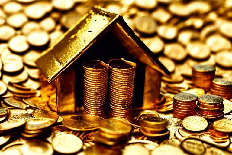 Image similar to a house, made of gold, under construction, with piles of coins around it