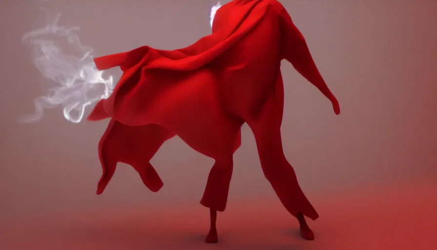 Image similar to a figure covered by red cloth is standing in a beautiful penthouse with atmospheric light, digital art, concept art, cloth simulation with houdini, smoke, octane, redshift, 8 k