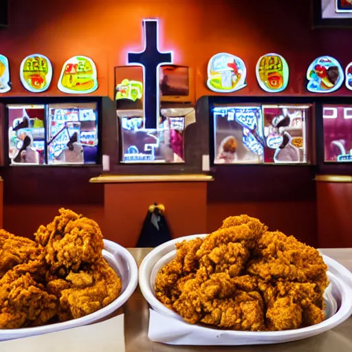 Image similar to JFC, a Jesus Christ themed fried chicken restaurant, photo, detailed, 4k