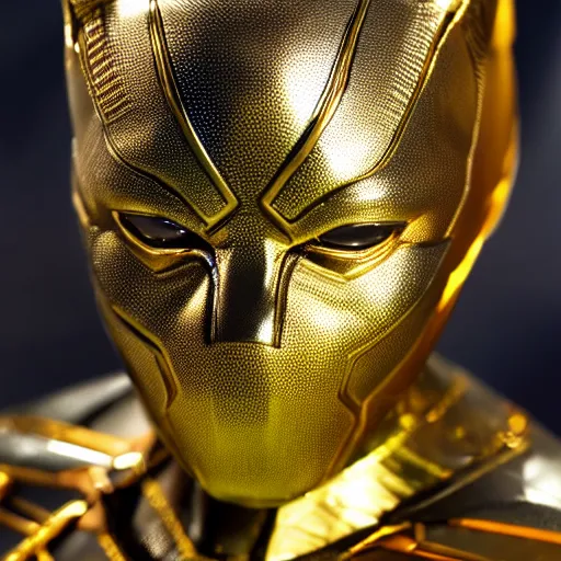 Image similar to a close up photo of a detailed golden statue of Black Panther, 8K,