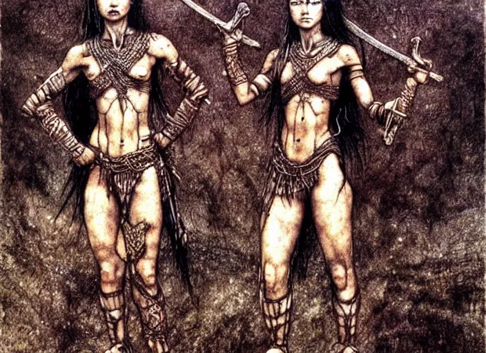 Prompt: young muscular turkic female warriors in tribal painting by Beksinski, Luis Royo, Arthur Rackham